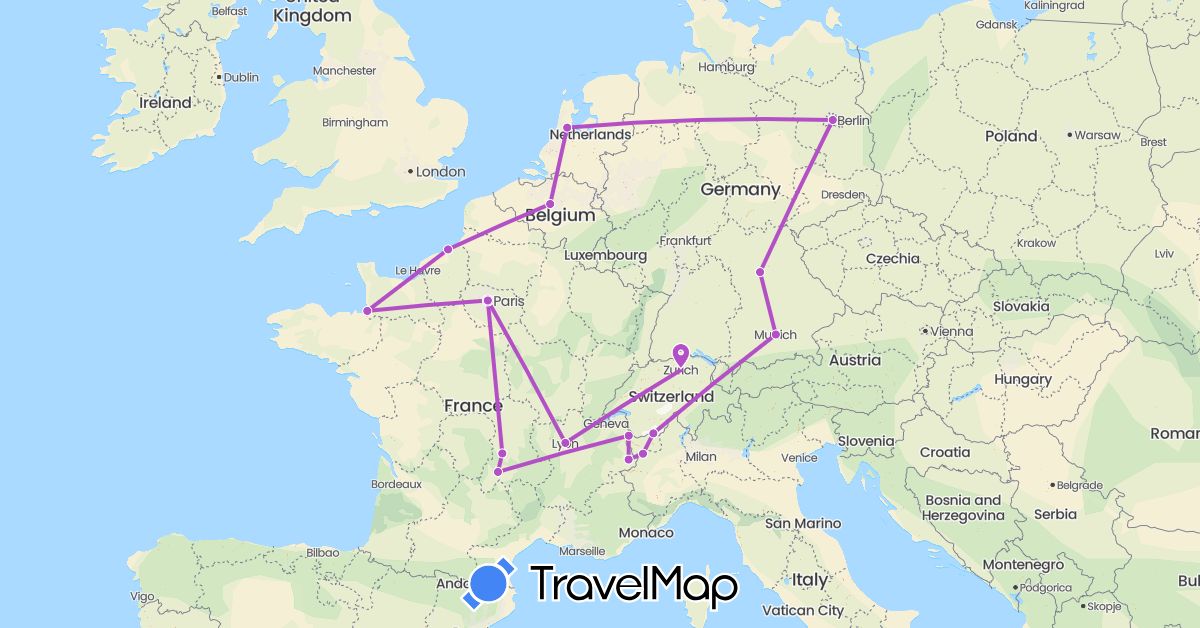 TravelMap itinerary: plane, train in Belgium, Switzerland, Germany, France, Italy, Netherlands (Europe)
